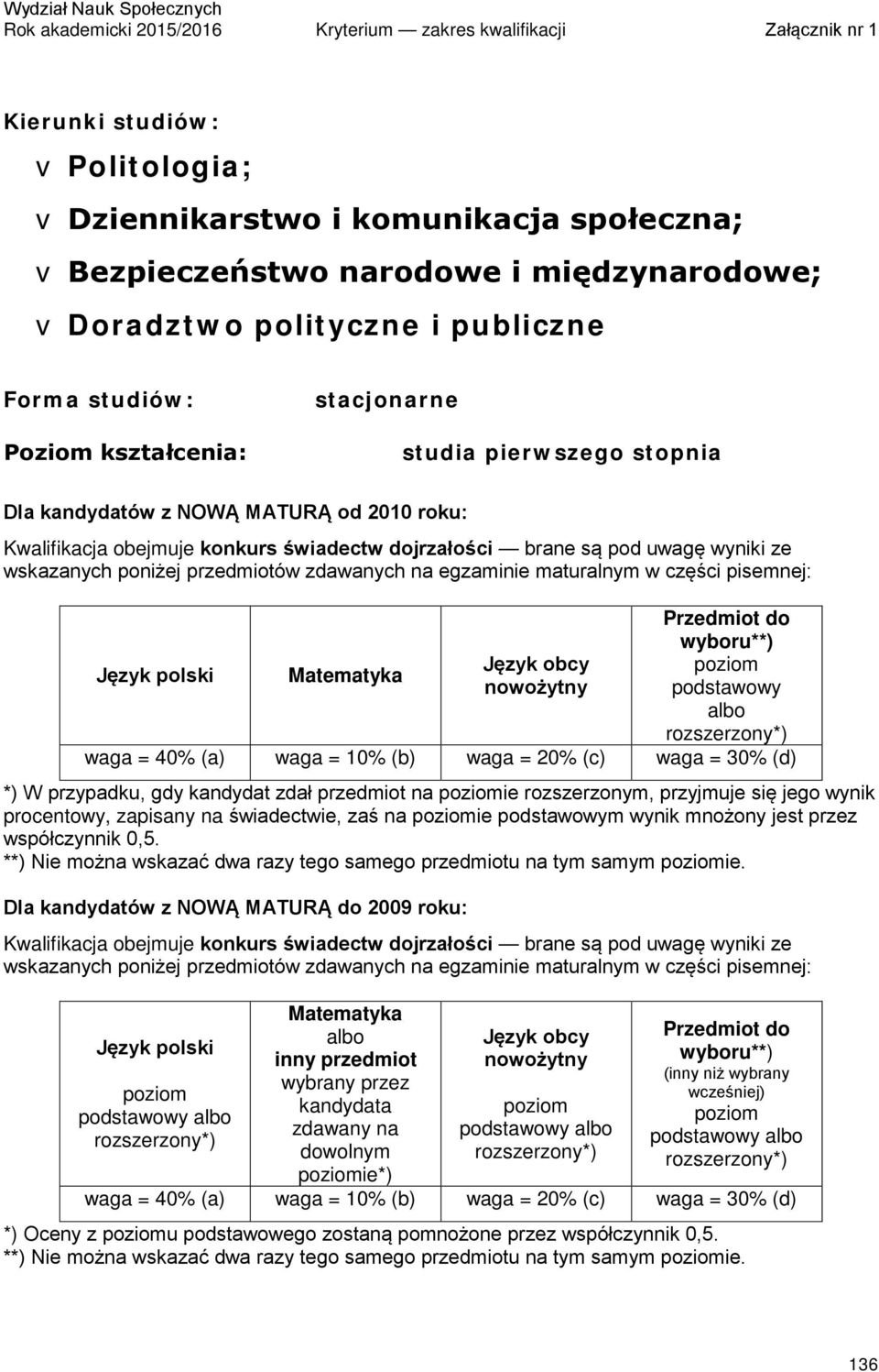 kandydat zdał przedmiot na poziomie rozszerzonym, przyjmuje się jego wynik procentowy, zapisany na świadectwie, zaś na poziomie podstawowym wynik mnożony jest przez współczynnik 0,5.