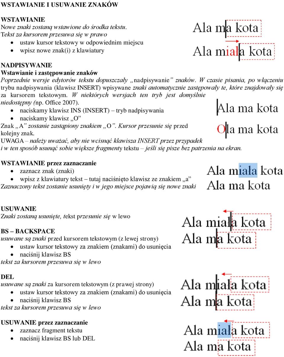 dopuszczały nadpisywanie znaków. W czasie pisania, po włączeniu trybu nadpisywania (klawisz INSERT) wpisywane znaki automatycznie zastępowały te, które znajdowały się za kursorem tekstowym.