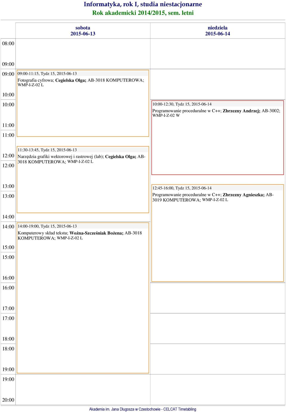 2015-06-14 Programowanie proceduralne w C++; Zbrzezny Agnieszka; AB- 3019 KOMPUTEROWA; W -,