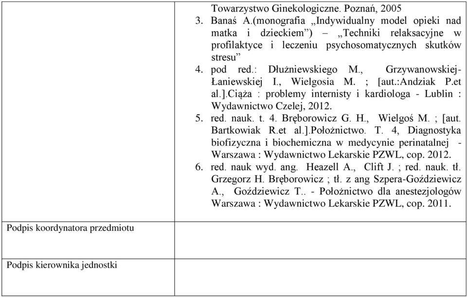 Bręborowicz G. H., Wielgoś M. ; [aut. Bartkowiak R.et al.].położnictwo. T. 4, Diagnostyka biofizyczna i biochemiczna w medycynie perinatalnej - Warszawa : Wydawnictwo Lekarskie PZWL, cop. 2012. 6.