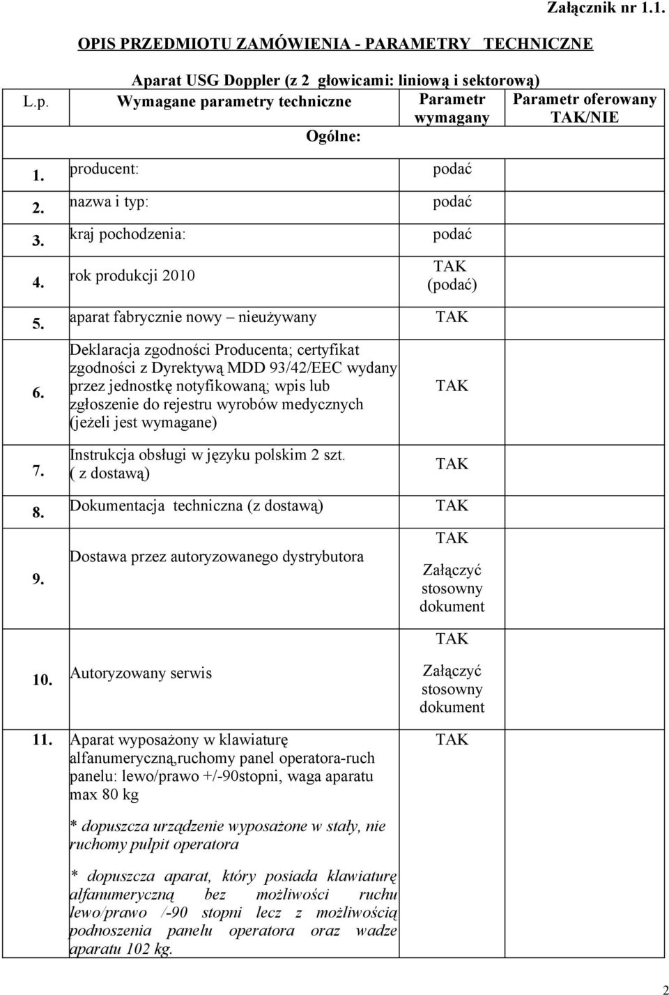 producent: nazwa i typ: kraj pochodzenia: rok produkcji 2010 aparat fabrycznie nowy nieużywany Deklaracja zgodności Producenta; certyfikat zgodności z Dyrektywą MDD 93/42/EEC wydany przez jednostkę