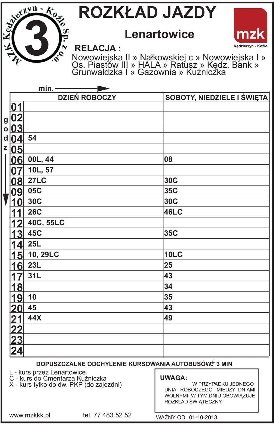 25L, 29LC L 31L 45 44X L - kurs pre Lenartwice C - kurs Cmentara KuŸnicka X - kurs