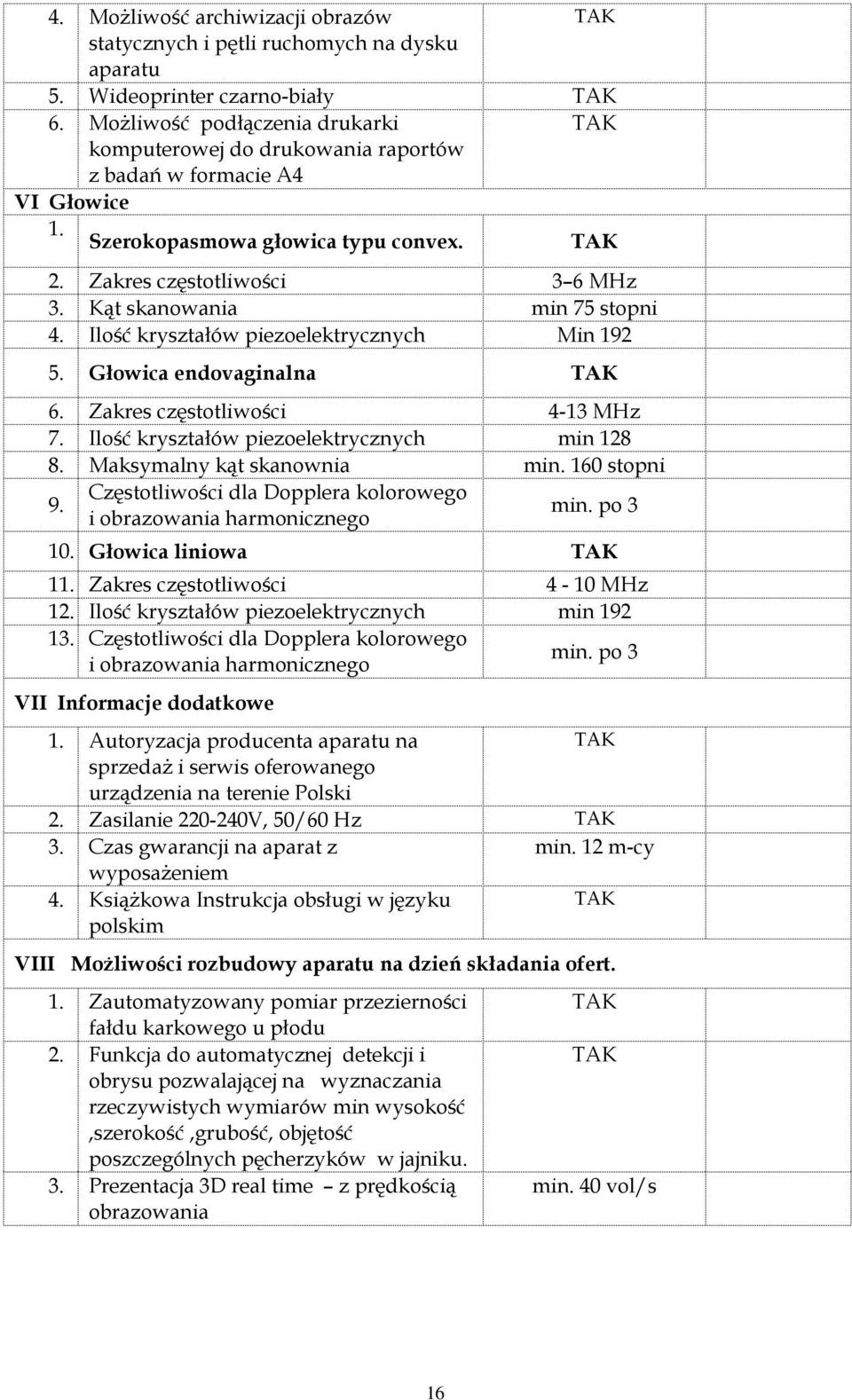 Kąt skanowania min 75 stopni 4. Ilość kryształów piezoelektrycznych Min 192 5. Głowica endovaginalna 6. Zakres częstotliwości 4-13 MHz 7. Ilość kryształów piezoelektrycznych min 128 8.