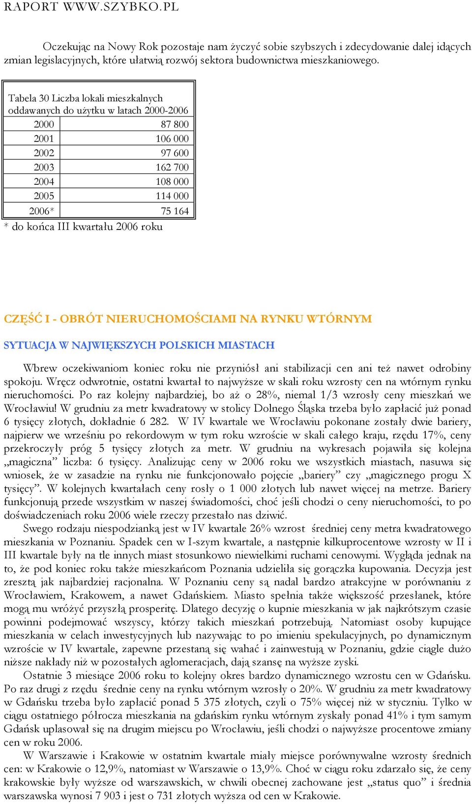 CZĘŚĆ I - OBRÓT NIERUCHOMOŚCIAMI NA RYNKU WTÓRNYM SYTUACJA W NAJWIĘKSZYCH POLSKICH MIASTACH Wbrew oczekiwaniom koniec roku nie przyniósł ani stabilizacji cen ani też nawet odrobiny spokoju.