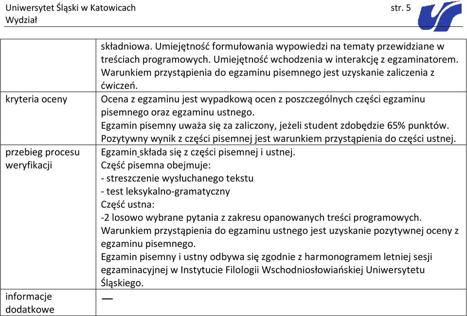 Egzamin pisemny uważa się za zaliczony, jeżeli student zdobędzie 65% punktów. Pozytywny wynik z części pisemnej jest warunkiem przystąpienia do części ustnej.