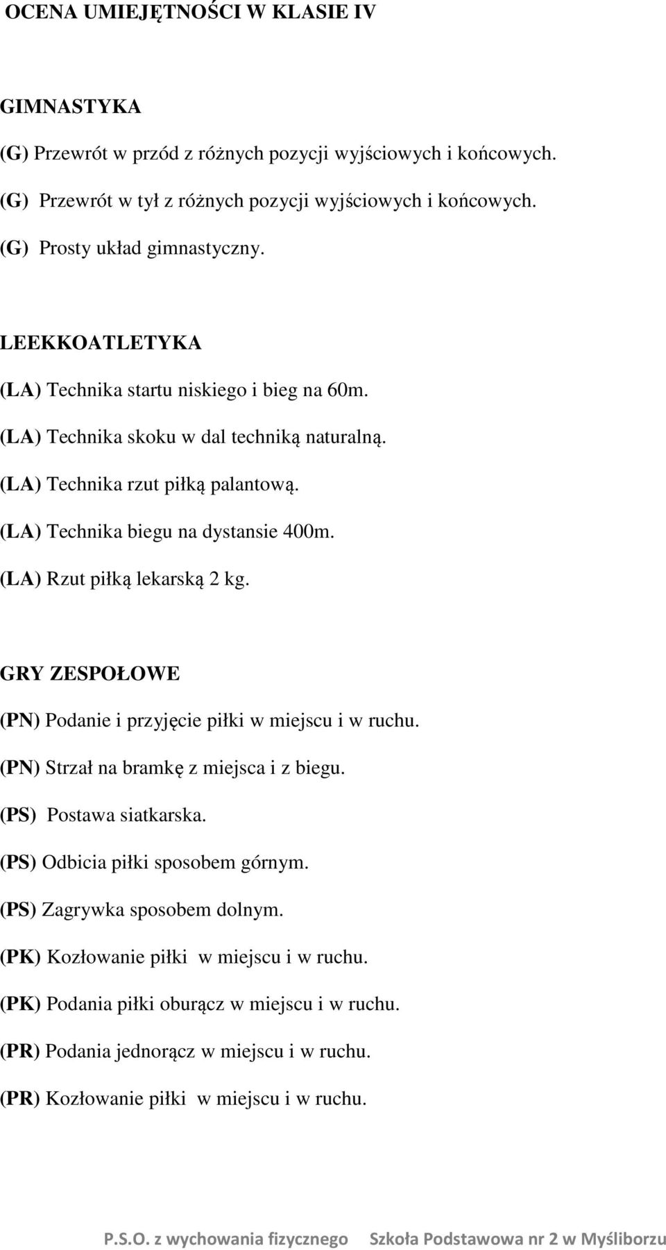 (LA) Rzut piłką lekarską 2 kg. GRY ZESPOŁOWE (PN) Podanie i przyjęcie piłki w miejscu i w ruchu. (PN) Strzał na bramkę z miejsca i z biegu. (PS) Postawa siatkarska.