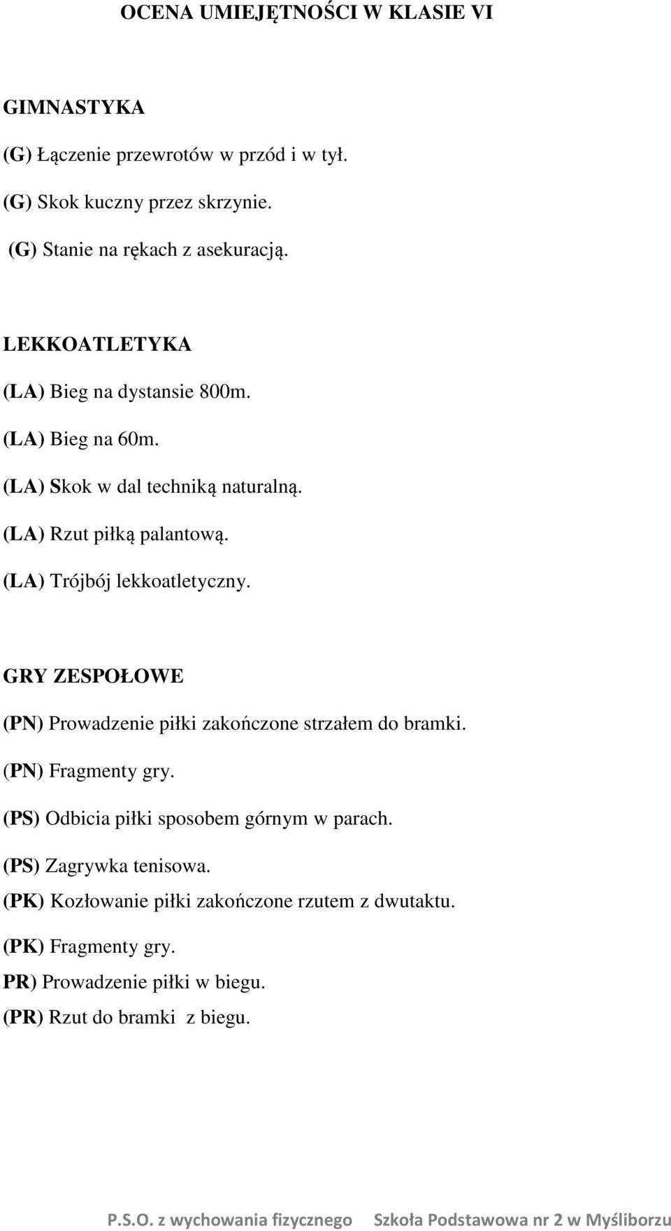 (LA) Rzut piłką palantową. (LA) Trójbój lekkoatletyczny. GRY ZESPOŁOWE (PN) Prowadzenie piłki zakończone strzałem do bramki. (PN) Fragmenty gry.