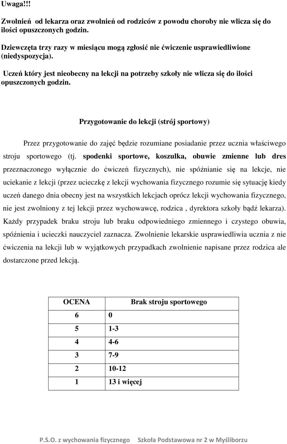 Przygotowanie do lekcji (strój sportowy) Przez przygotowanie do zajęć będzie rozumiane posiadanie przez ucznia właściwego stroju sportowego (tj.