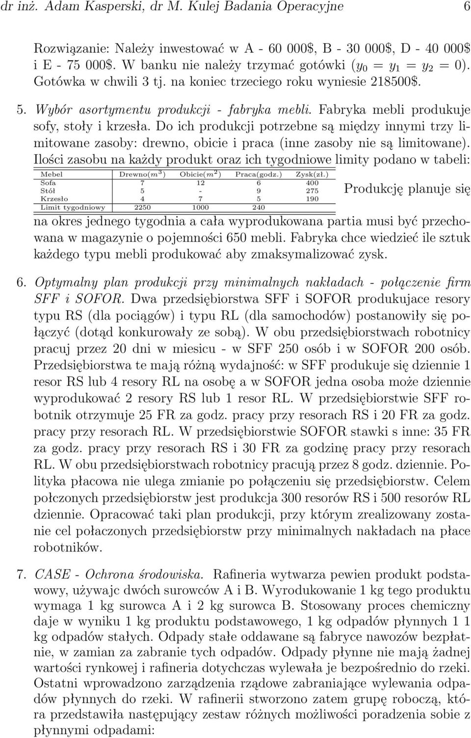 Do ich produkcji potrzebne są między innymi trzy limitowane zasoby: drewno, obicie i praca(inne zasoby nie są limitowane).