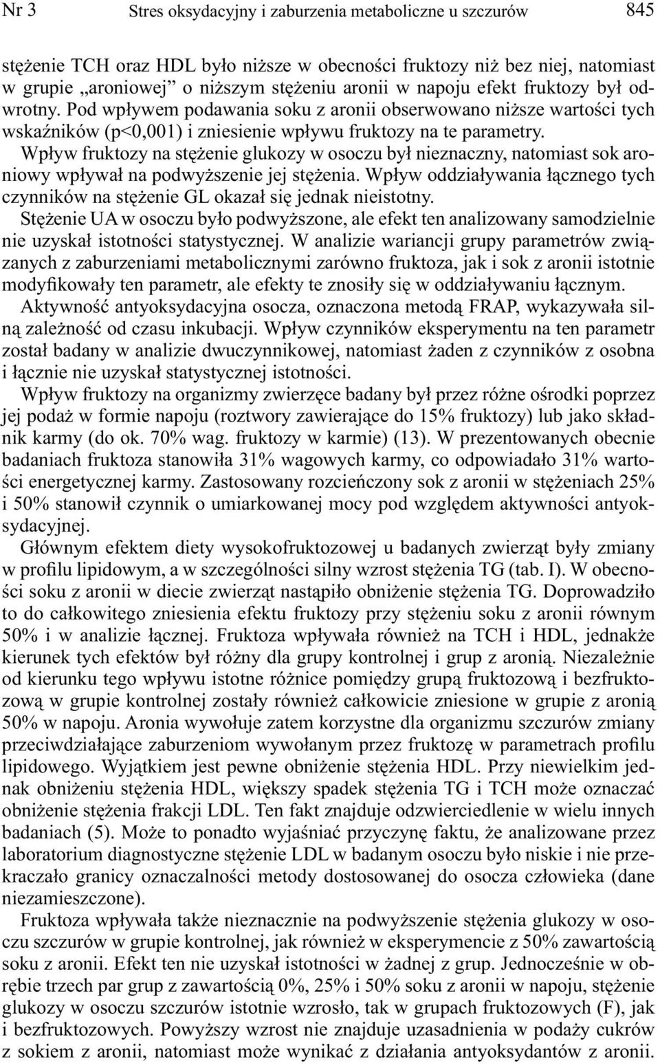 Wpływ fruktozy na stężenie glukozy w osoczu był nieznaczny, natomiast sok aroniowy wpływał na podwyższenie jej stężenia.