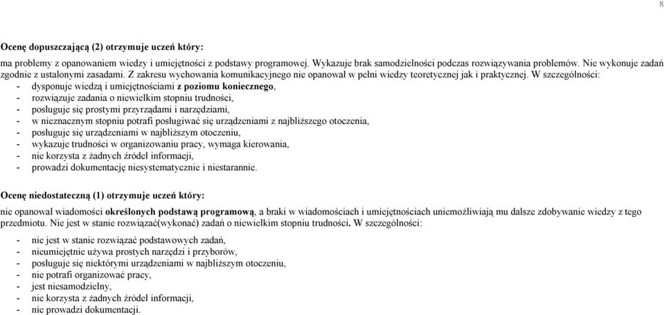 W szczególności: - dysponuje wiedzą i umiejętnościami z poziomu koniecznego, - rozwiązuje zadania o niewielkim stopniu trudności, - posługuje się prostymi przyrządami i narzędziami, - w nieznacznym