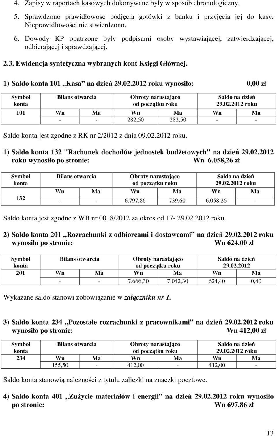 2012 roku wynosiło: 0,00 zł Symbol konta Bilans otwarcia Obroty narastająco 29.02.2012 roku 101 Wn Ma Wn Ma Wn Ma - - 282,50 282,50 - - Saldo konta jest zgodne z RK nr 2/2012 z dnia 09.02.2012 roku. 1) Saldo konta 132 "Rachunek dochodów jednostek budżetowych" na dzień 29.