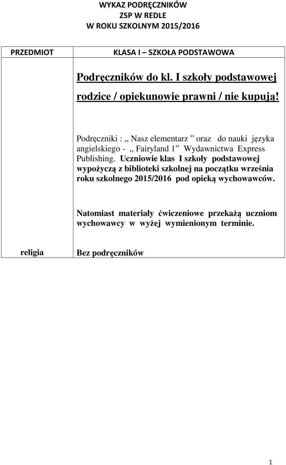 Uczniowie klas I szkoły podstawowej wypożyczą z biblioteki szkolnej na początku września roku szkolnego 2015/2016 pod