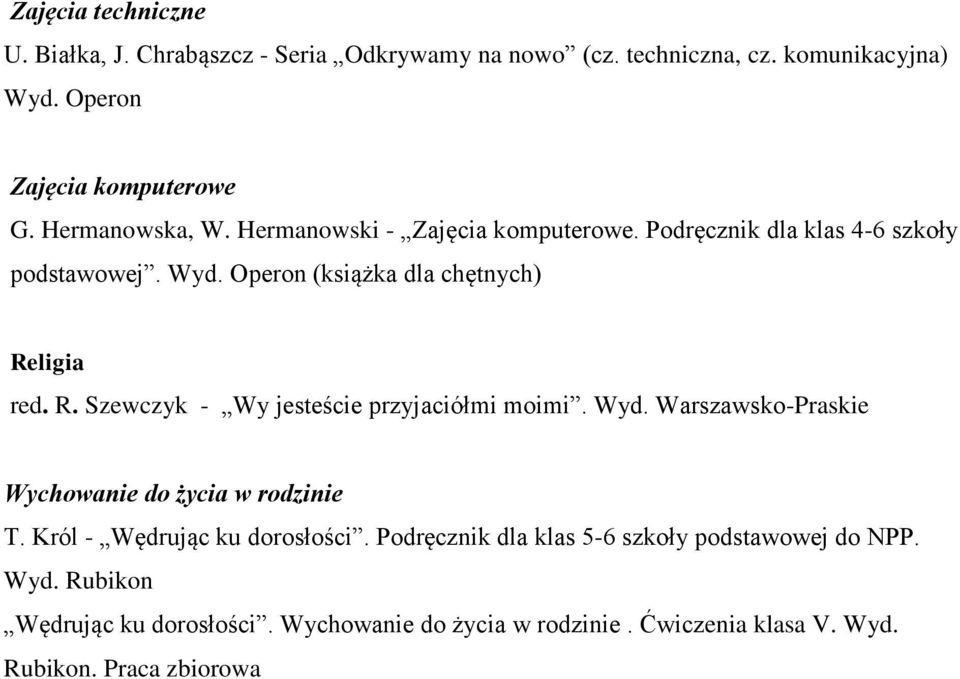 ligia red. R. Szewczyk - Wy jesteście przyjaciółmi moimi. Wyd. Warszawsko-Praskie Wychowanie do życia w rodzinie T. Król - Wędrując ku dorosłości.