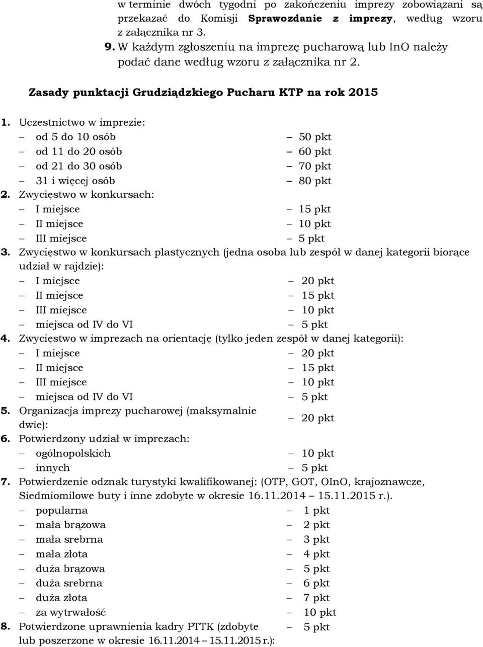 Uczestnictwo w imprezie: od 5 do 10 osób od 11 do 20 osób od 21 do 30 osób 31 i więcej osób 2. Zwycięstwo w konkursach: I miejsce II miejsce III miejsce 50 pkt 60 pkt 70 pkt 80 pkt 15 pkt 3.