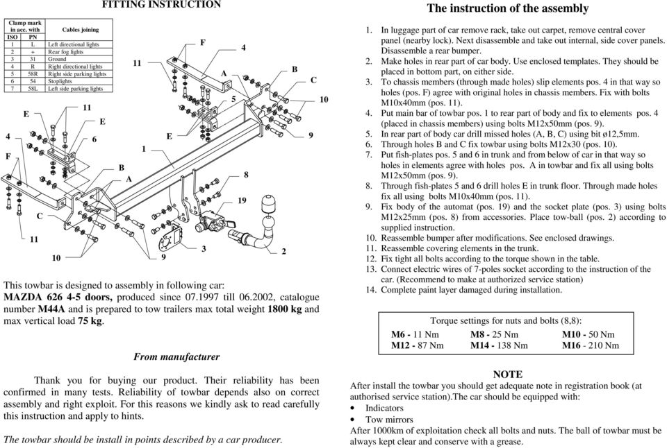 E C 10 6 FITTING INSTRUCTION E B A 1 9 F A 5 E 9 This towbar is designed to assembly in following car: MAZDA 626 4-5 doors, produced since 07.1997 till 06.