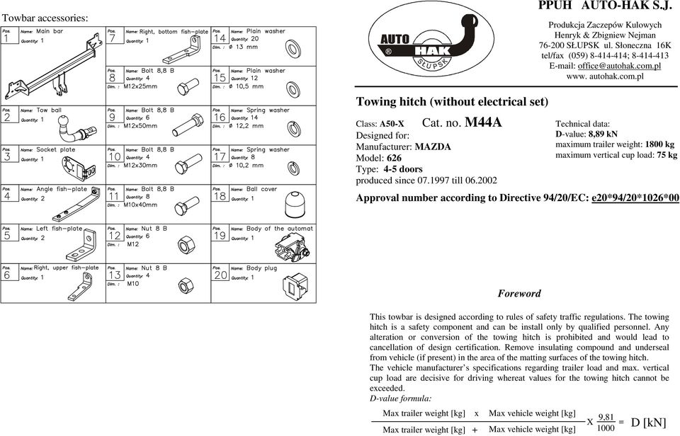 2002 Technical data: D-value: 8,89 kn maximum trailer weight: 1800 kg maximum vertical cup load: 75 kg Approval number according to Directive 94/20/EC: e20*94/20*1026*00 Foreword This towbar is
