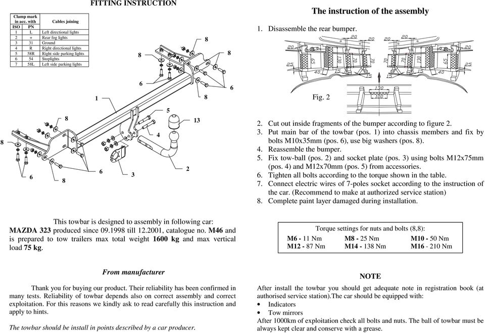 INSTRUCTION 1. Disassemble the rear bumper. The instruction of the assembly 1 Fig. 2 3 4 5 2 13 2. Cut out inside fragments of the bumper according to figure 2. 3. Put main bar of the towbar (pos.