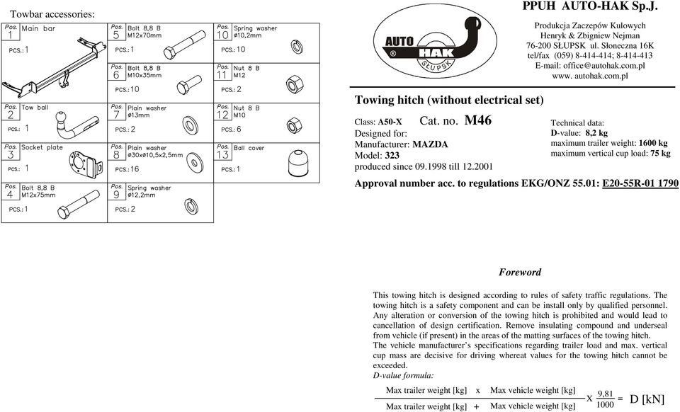 2001 Technical data: D-value:,2 kg maximum trailer weight: 100 kg maximum vertical cup load: 75 kg Approval number acc. to regulations EKG/ONZ 55.