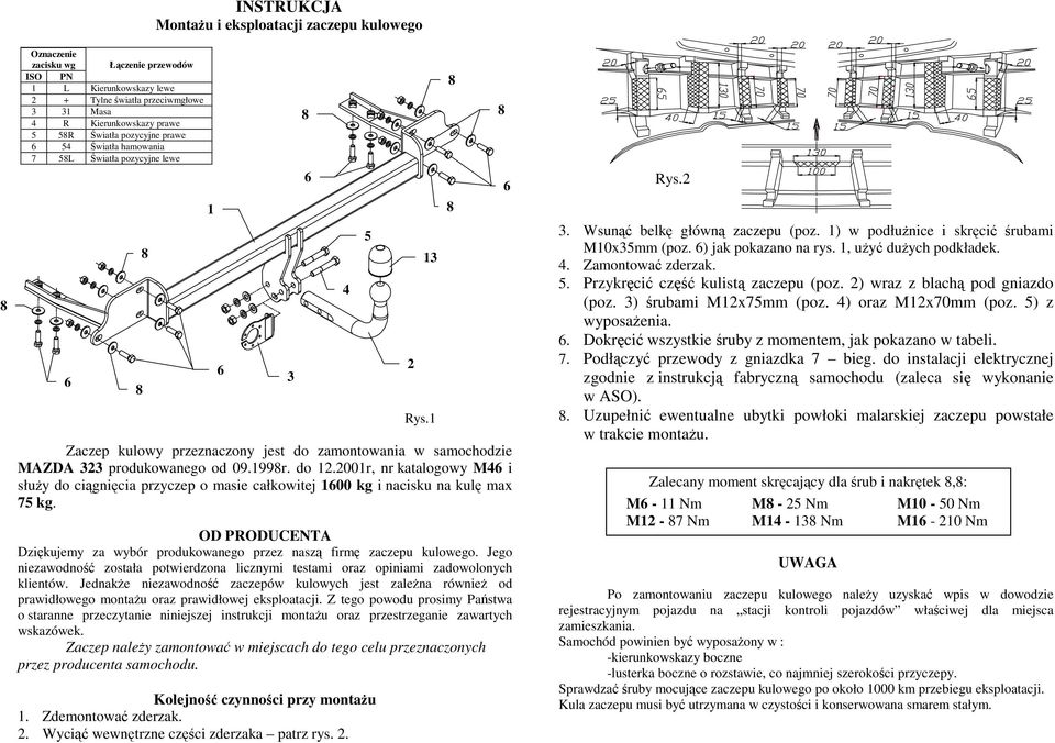 2001r, nr katalogowy M4 i słuŝy do ciągnięcia przyczep o masie całkowitej 100 kg i nacisku na kulę max 75 kg. OD PRODUCENTA Dziękujemy za wybór produkowanego przez naszą firmę zaczepu kulowego.