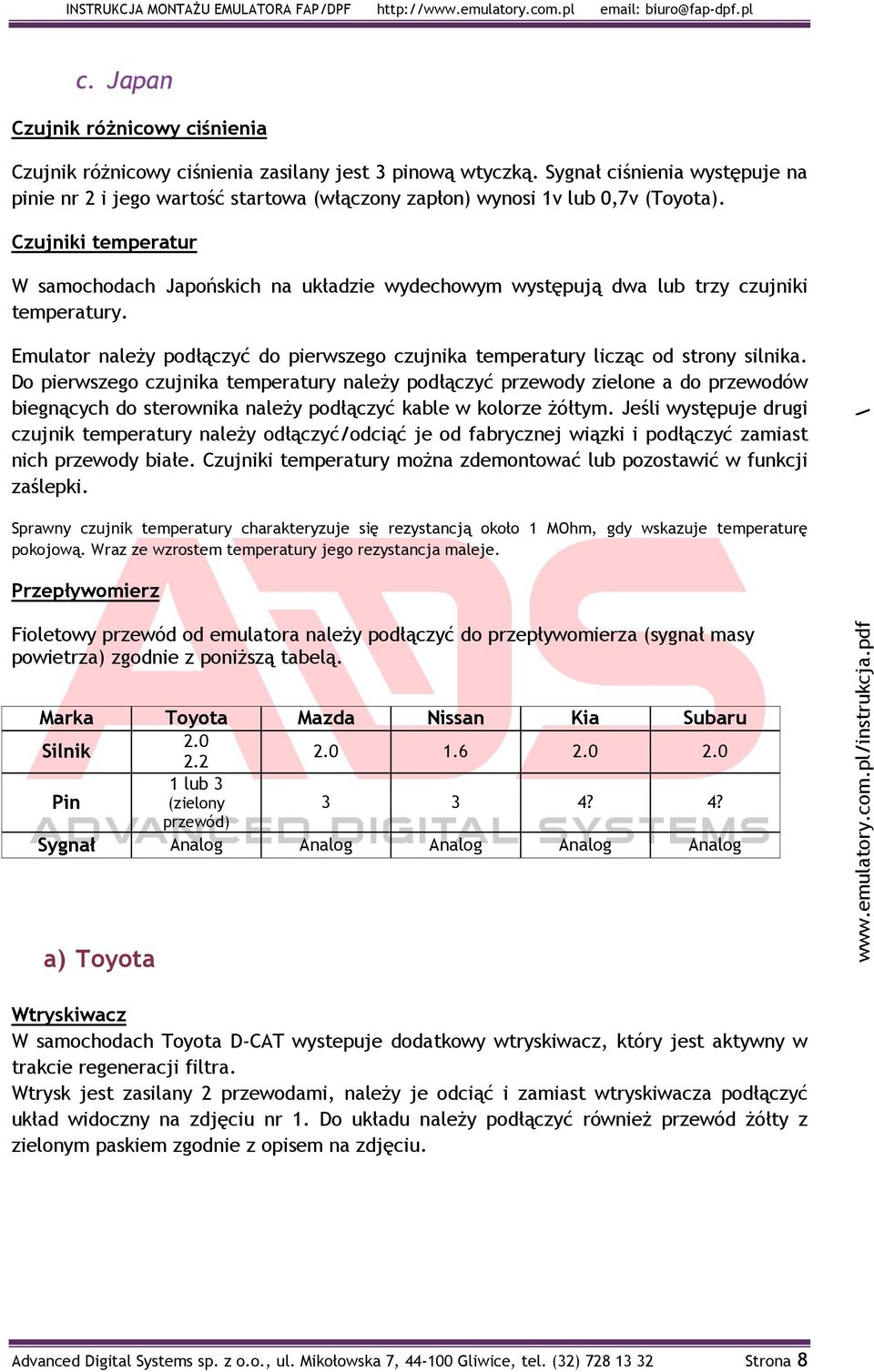Czujniki temperatur W samochodach Japońskich na układzie wydechowym występują dwa lub trzy czujniki temperatury. Emulator należy podłączyć do pierwszego czujnika temperatury licząc od strony silnika.