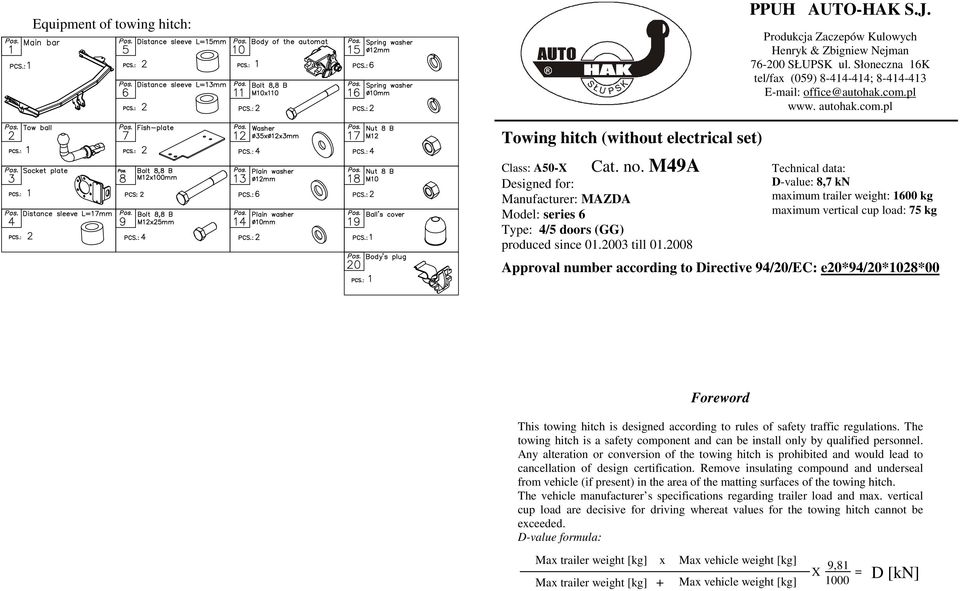 200 Technical data: D-value:, kn maximum trailer weight: 100 kg maximum vertical cup load: kg Approval number according to Directive 94/20/EC: e20*94/20*102*00 Foreword This towing hitch is designed