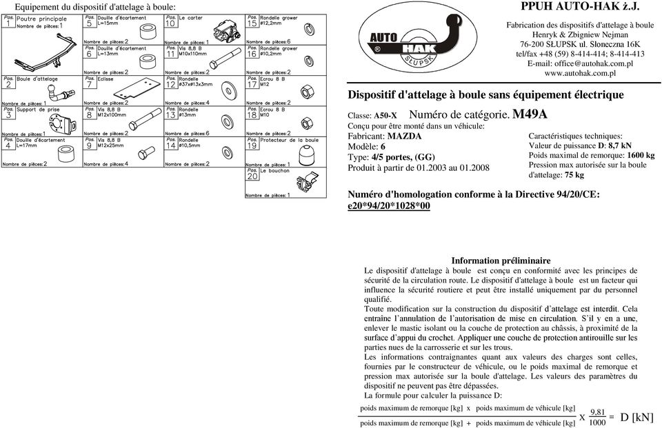 200 Fabrication des dispositifs d'attelage à boule Henryk & Zbigniew Nejman -200 SŁUPSK ul. Słoneczna 1K tel/fax +4 (9) -414-414; -414-413 E-mail: office@autohak.com.