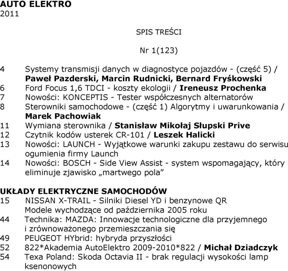 Słupski Prive 12 Czytnik kodów usterek CR-101 / Leszek Halicki 13 Nowości: LAUNCH - Wyjątkowe warunki zakupu zestawu do serwisu ogumienia firmy Launch 14 Nowości: BOSCH - Side View Assist - system