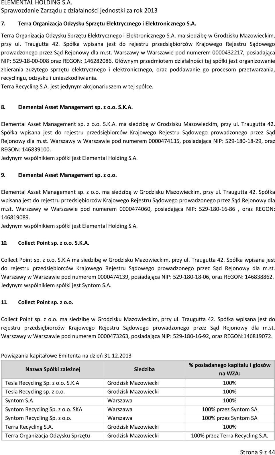 Głównym przedmiotem działalności tej spółki jest organizowanie zbierania zużytego sprzętu elektrycznego i elektronicznego, oraz poddawanie go procesom przetwarzania, recyclingu, odzysku i