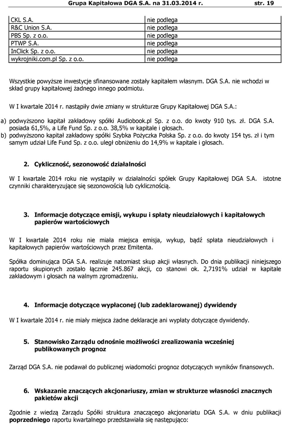 pl Sp. z o.o. do kwoty 910 tys. zł. DGA S.A. posiada 61,5%, a Life Fund Sp. z o.o. 38,5% w kapitale i głosach. b) podwyższono kapitał zakładowy spółki Szybka Pożyczka Polska Sp. z o.o. do kwoty 154 tys.