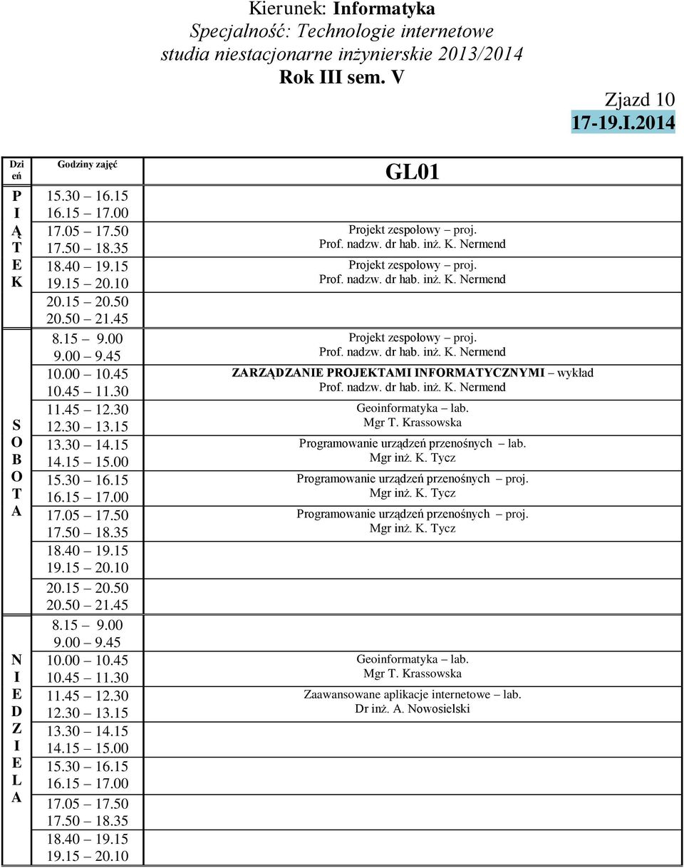 nadzw. dr hab. inż.. ermend Mgr. rassowska rogramowanie urządz przenośnych lab. rogramowanie urządz przenośnych proj.