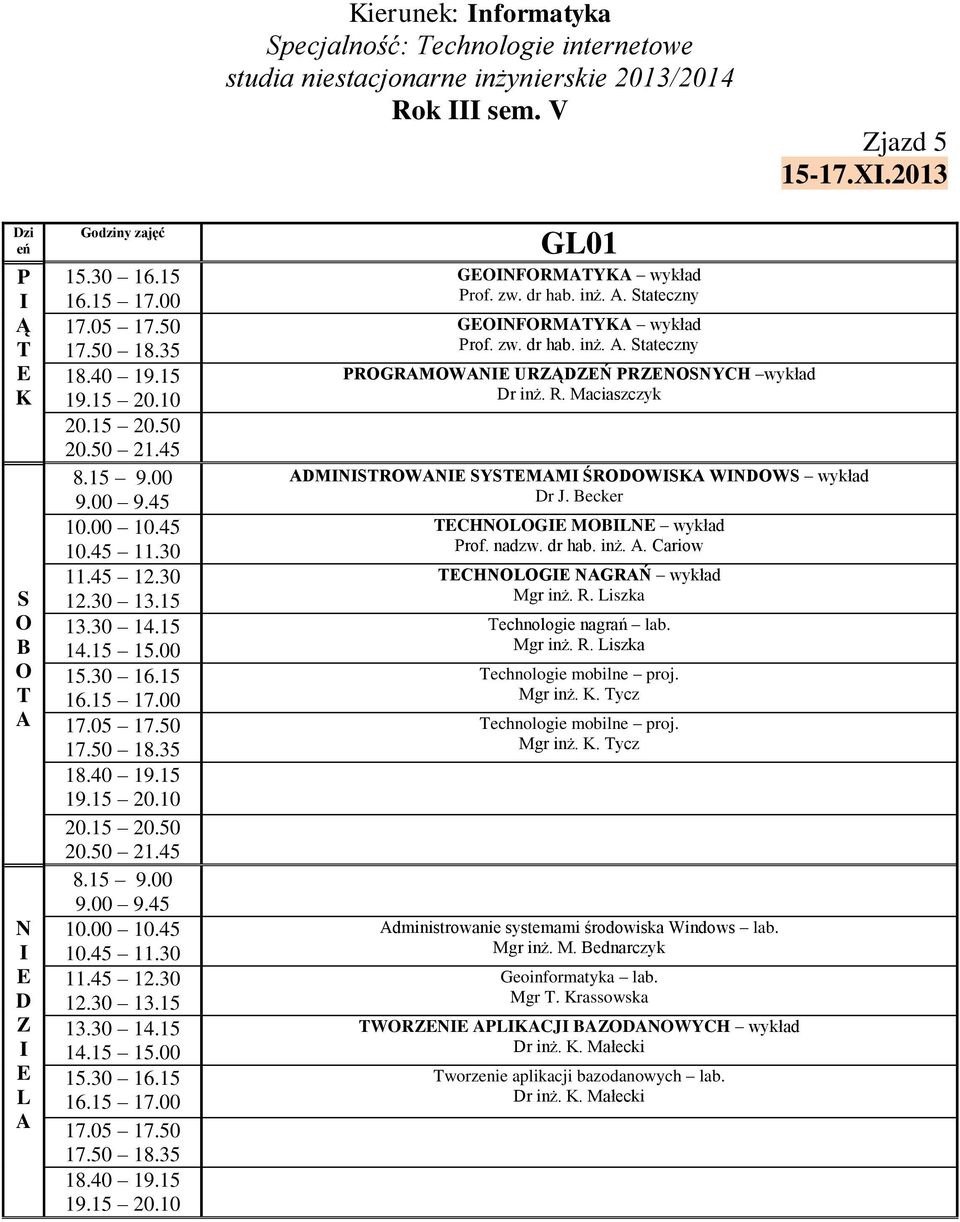 ecker CHG M wykład rof. nadzw. dr hab. inż.. Cariow CHG GRŃ wykład Mgr inż. R. iszka echnologie nagrań lab. Mgr inż. R. iszka echnologie mobilne proj.