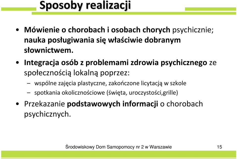 Integracja osób z problemami zdrowia psychicznego ze społecznością lokalną poprzez: wspólne