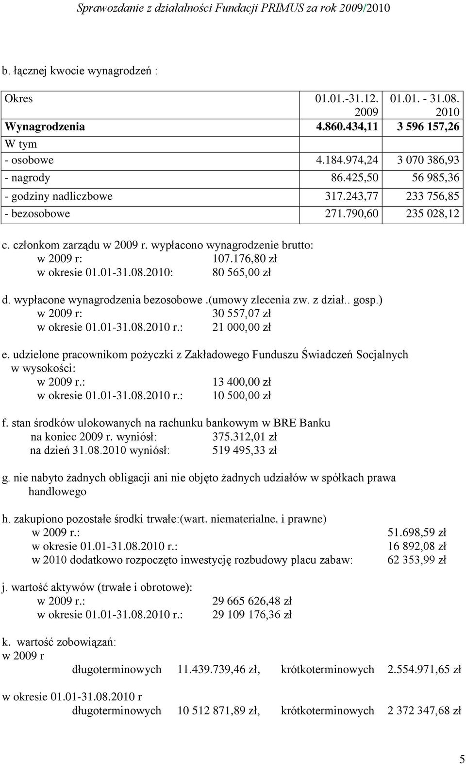01-31.08.2010: 80 565,00 zł d. wypłacone wynagrodzenia bezosobowe.(umowy zlecenia zw. z dział.. gosp.) w 2009 r: 30 557,07 zł w okresie 01.01-31.08.2010 r.: 21 000,00 zł e.