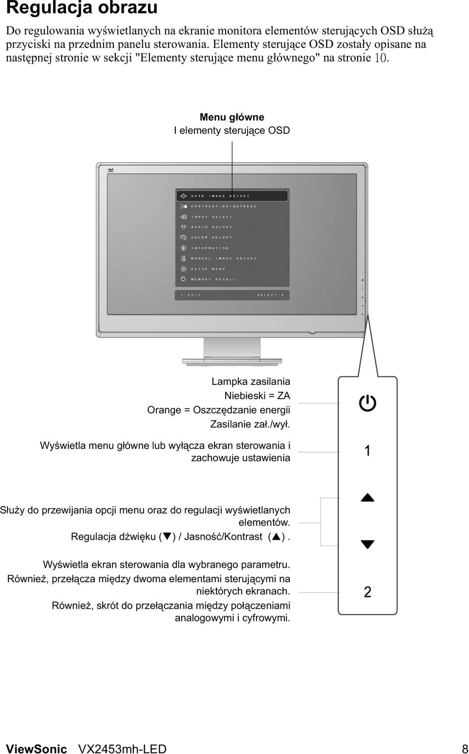 Menu g ówne I elementy steruj ce OSD Lampka zasilania Niebieski = ZA Orange = Oszcz dzanie energii Zasilanie za./wy.