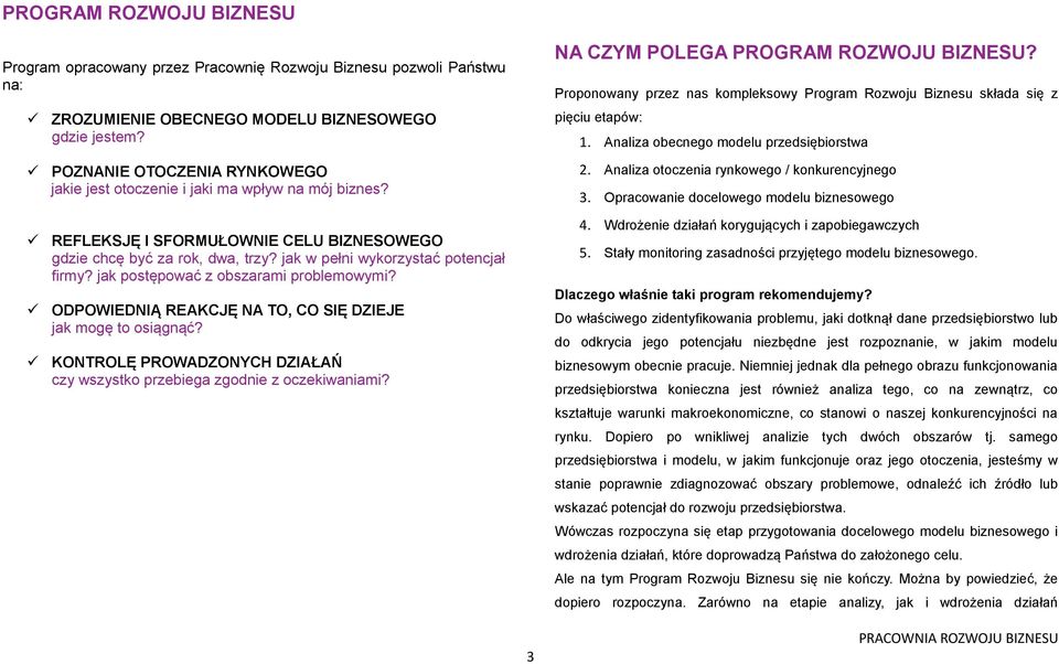 Analiza obecnego modelu przedsiębiorstwa POZNANIE OTOCZENIA RYNKOWEGO jakie jest otoczenie i jaki ma wpływ na mój biznes? REFLEKSJĘ I SFORMUŁOWNIE CELU BIZNESOWEGO gdzie chcę być za rok, dwa, trzy?