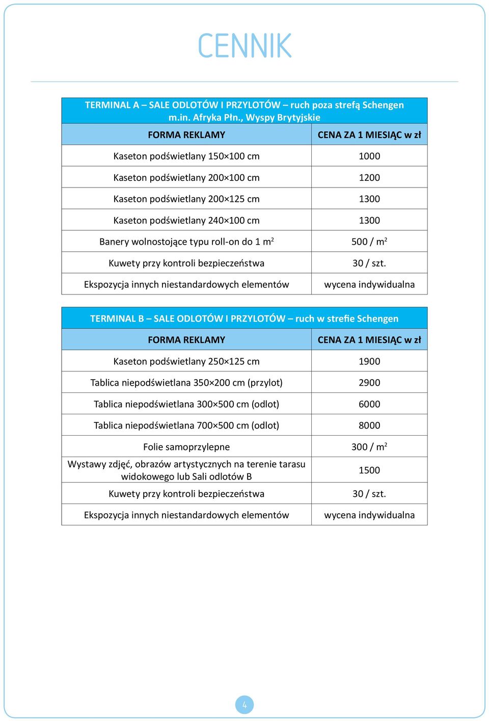 do 1 m 2 500 / m 2 Kuwety przy kontroli bezpieczeństwa Ekspozycja innych niestandardowych elementów 30 / szt.