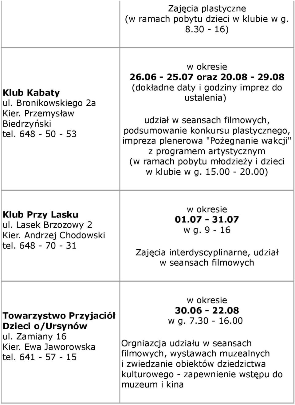 młodzieży i dzieci w klubie w g. 15.00-20.00) Klub Przy Lasku ul. Lasek Brzozowy 2 Kier. Andrzej Chodowski tel. 648-70 - 31 01.07-31.07 w g.