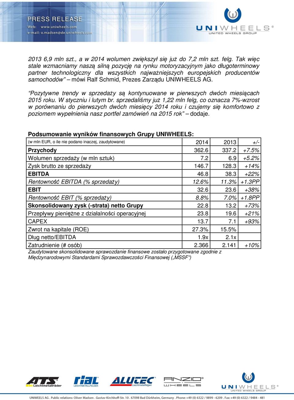 Prezes Zarządu UNIWHEELS AG. Pozytywne trendy w sprzedaży są kontynuowane w pierwszych dwóch miesiącach 2015 roku. W styczniu i lutym br.