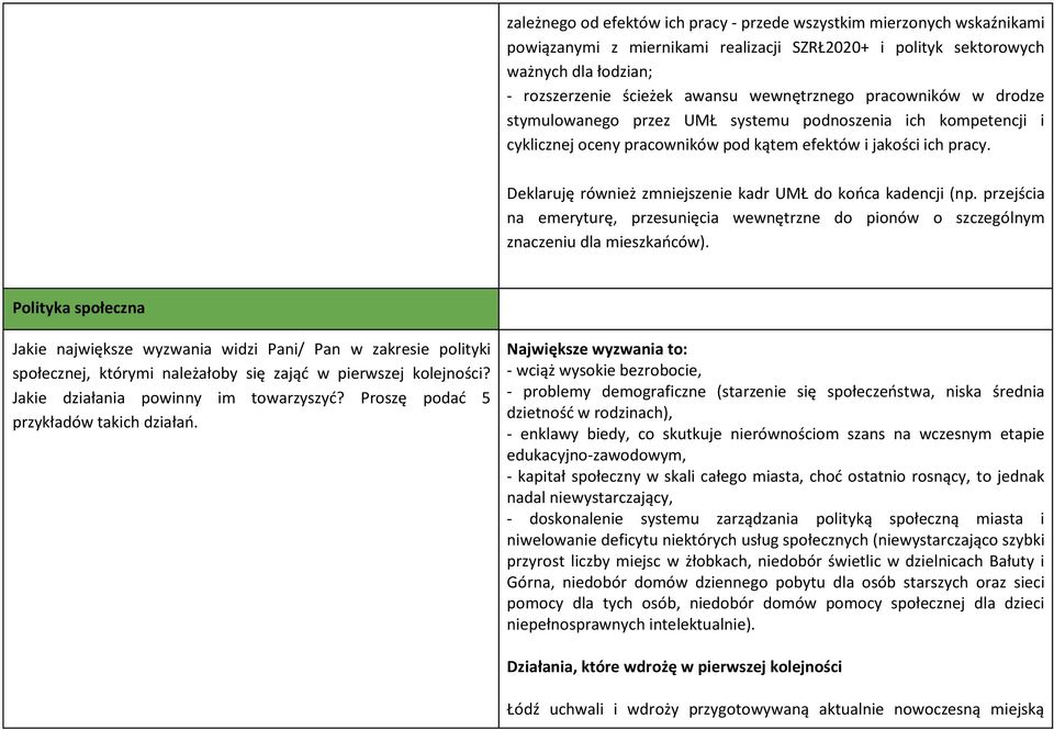 Deklaruję również zmniejszenie kadr UMŁ do końca kadencji (np. przejścia na emeryturę, przesunięcia wewnętrzne do pionów o szczególnym znaczeniu dla mieszkańców).