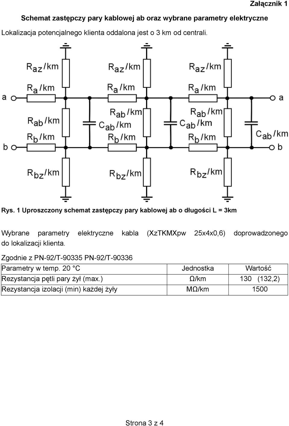 1 Uproszczony schemat zastępczy pary kablowej ab o długości L = 3km Wybrane parametry elektryczne kabla (XzTKMXpw 25x4x0,6)