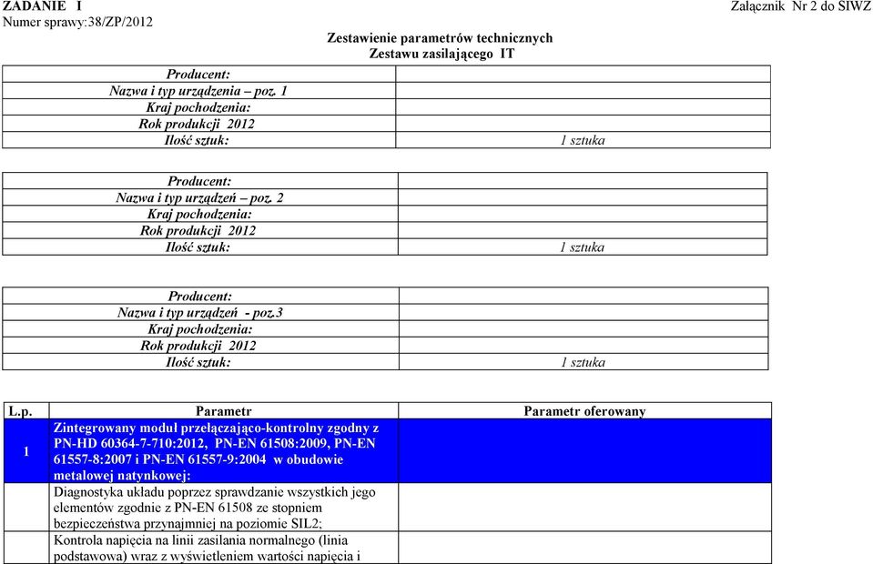 rametrów technicznych Zestawu zasilającego IT Załącznik Nr 2 do SIWZ Nazwa i typ 