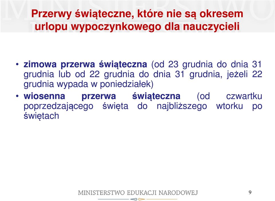 do dnia 31 grudnia, jeżeli 22 grudnia wypada w poniedziałek) wiosenna przerwa