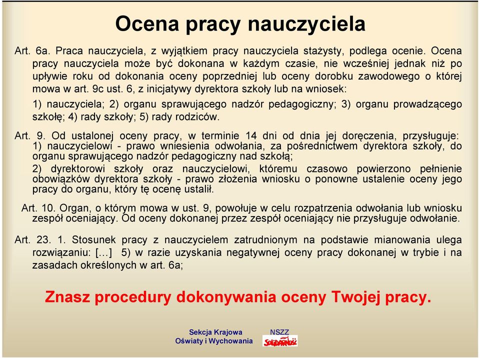 6, z inicjatywy dyrektora szkoły lub na wniosek: 1) nauczyciela; 2) organu sprawującego nadzór pedagogiczny; 3) organu prowadzącego szkołę; 4) rady szkoły; 5) rady rodziców. Art. 9.