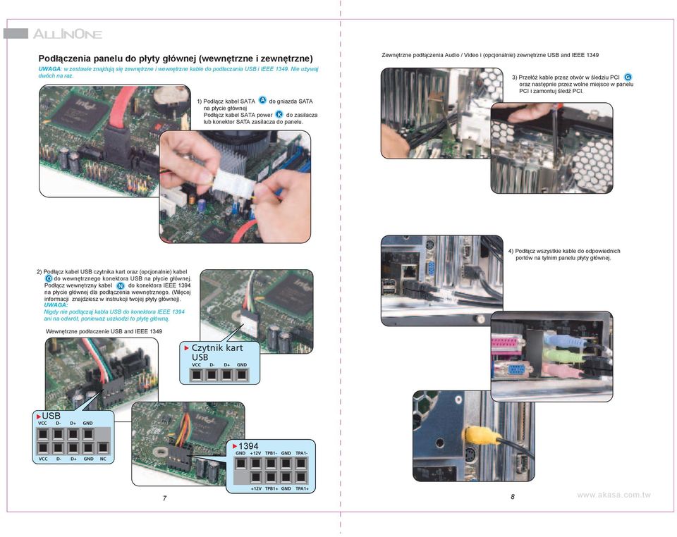 Zewnętrzne podłączenia Audio / Video i (opcjonalnie) zewnętrzne USB and IEEE 1349 3) Przełóż kable przez otwór w śledziu PCI G oraz następnie przez wolne miejsce w panelu PCI i zamontuj śledź PCI.