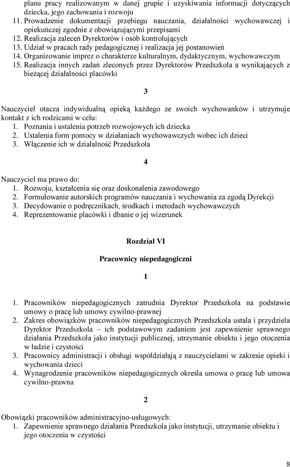 Udział w pracach rady pedagogicznej i realizacja jej postanowień 4. Organizowanie imprez o charakterze kulturalnym, dydaktycznym, wychowawczym 5.