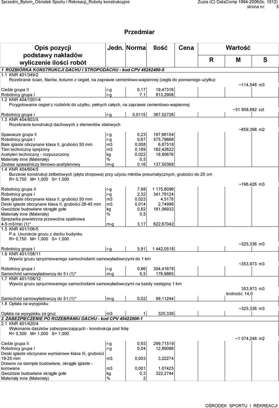 2 KNR 404/1001/4 Przygotowanie cegieł z rozbiórki do użytku, pełnych całych, na zaprawie cementowo-wapiennej Robotnicy grupa I r-g 0,0115 367,52726 1.