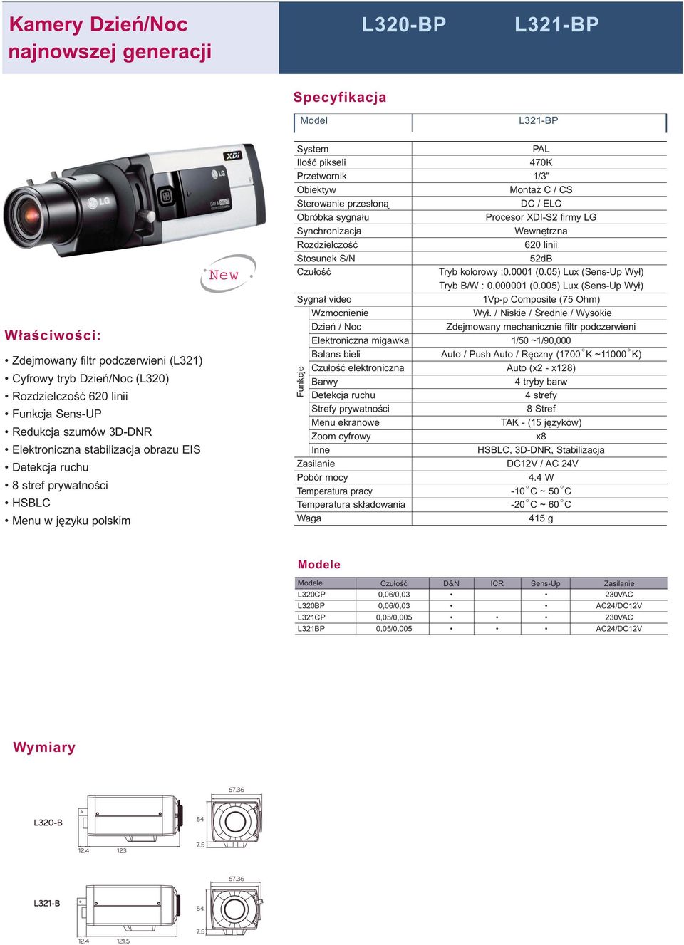 Wzmocnienie Dzień / Noc Czułość elektroniczna Barwy Detekcja ruchu Strefy prywatności Menu ekranowe Zoom cyfrowy Inne Pobór mocy Temperatura składowania Funkcje 470K 1/3" Montaż C / CS DC / ELC