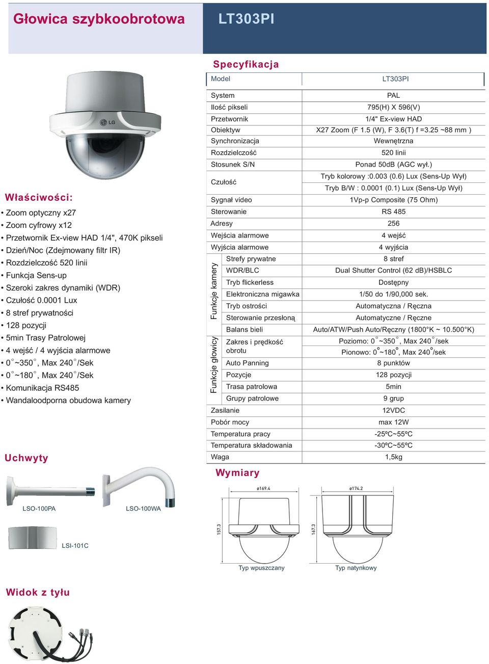 0001 Lux 8 stref prywatności 128 pozycji 5min Trasy Patrolowej 4 wejść / 4 wyjścia alarmowe 0 º ~350 º, Max 240 º /Sek 0 º ~180 º, Max 240 º /Sek Komunikacja RS485 Wandaloodporna obudowa kamery