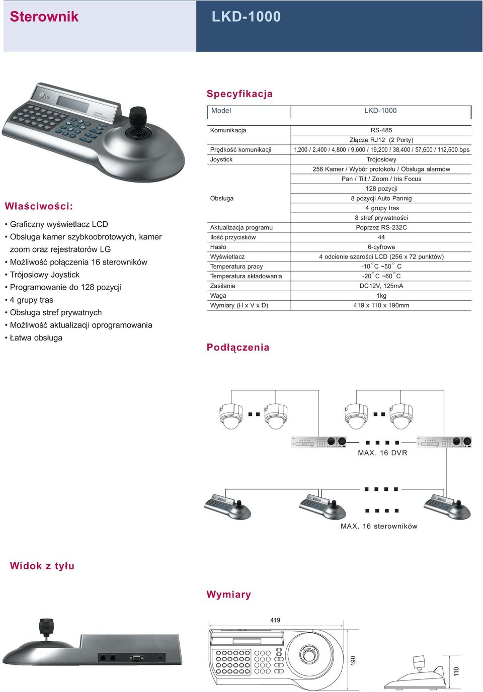 Wyświetlacz Temperatura składowania (H x V x D) Podłączenia RS-485 Złącze RJ12 (2 Porty) 1,200 / 2,400 / 4,800 / 9,600 / 19,200 / 38,400 / 57,600 / 112,500 bps Trójosiowy 256 Kamer / Wybór protokołu